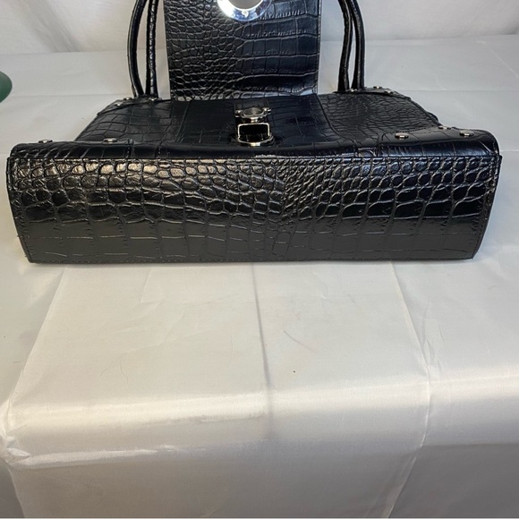 90s Structured Handbag Black Croc Embossed Box Purse Chenson - Picture 8 of 14